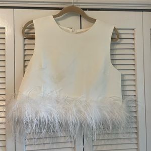 White cropped feather trim top